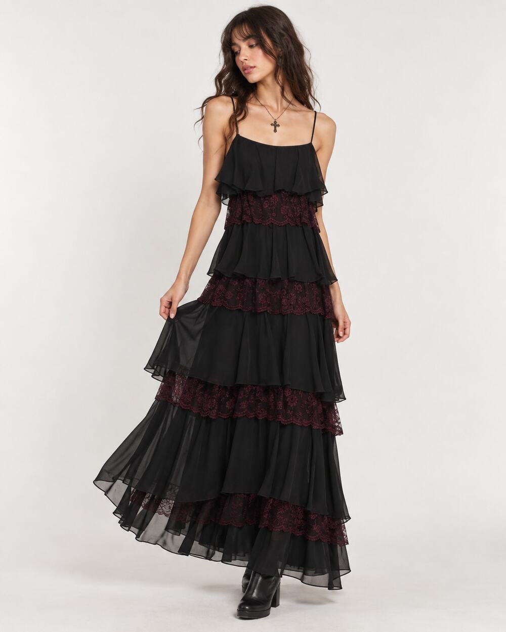 Vintage 90s Black Burgundy Lace Tiered Maxi Dress Womens S Whimsigoth Witchy